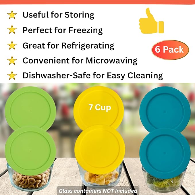 7 Cup/1.65 L Turquoise Yellow Spring Green Replacement Lids/Covers for Pyrex 7202-PC, 56oz Anchor Hocking & KlareWare Storage Bowls *Lids Only Glass Container Not Included* (4 Pack, Turq/Y/Spring Grn)