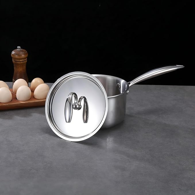 3QT Tri-Ply Stainless Steel Saucepan with Lid, Induction & Gas Compatible Cooking Pot, Mirror Finish Small Soup Pan for Milk, Sauce & Everyday Cooking, Dishwasher Safe