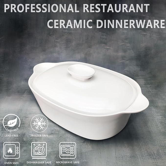 Casserole Dish with Lids, 2 Quart French White Ceramic Tureens, 12.8" x 7.9" Baking Dish, Serving Tureen Soup, for Casseroles, Lasagna Cookware Set, Microwave, Oven Safe
