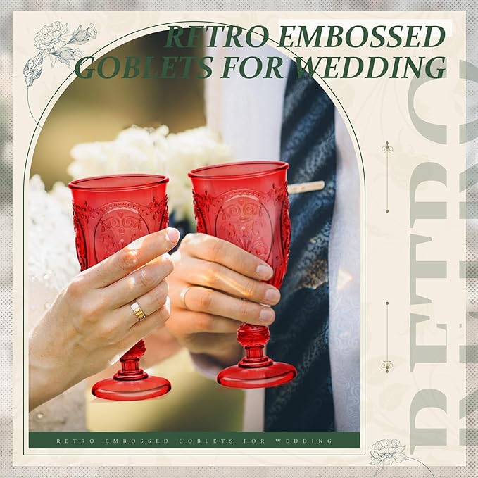 24 Pcs Plastic Goblets 7.5oz Vintage Goblet Plastic Wine Glasses Colored Retro Embossed Water Goblets for Wine Bar Juice Baby Shower Wedding Reception Grand Event Party (Red)