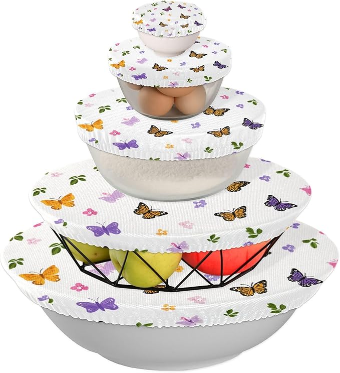 5 Pcs Bowl Covers Reusable in 5 Size Elastic Food Cover Cloth Lids Fresh Keeping Dish Cookware Bakeware Fabric Covers Lids for Food Leftovers Fruits Storage Pretty Butterfly Flower