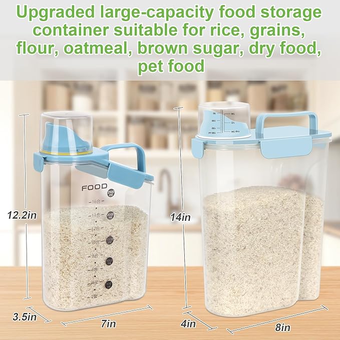 Airtight 10LBS Rice/Cereal/Dry Food Storage Container BPA Free, 5.28Qt Clear Plastic Kitchen and Pantry Organization Bin Suitable for Oats, Flour, Sugar, Pasta, Pet Food, etc (Sky blue)