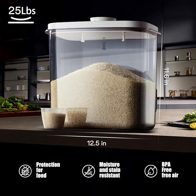 Rice Container - 25 Lbs/12KG/12L Rice Dispenser Storage with Measuring Cup Food Cereal Container Bins Pet Food Container Household for Kitchen Pantry Organization,White