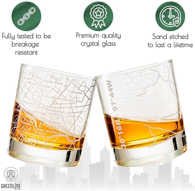 Greenline Goods Whiskey Glasses - 10 Oz Tumbler Gift Set for Austin lovers, Etched with Austin Map | Old Fashioned Rocks Glass - Set of 2