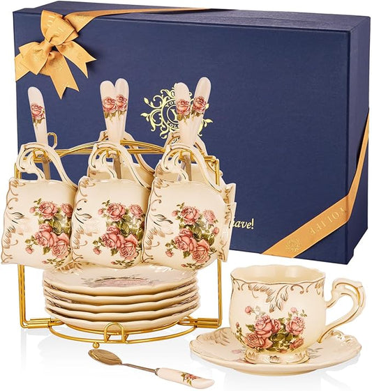 YOLIFE Tea Cups and Saucers Set of 6, Ivory Porcelain Tea Cups Set with Stand, Rose with Gold Leaves Trim Design, Gift for Women (Includes Gift Box, Tote Bag, Greeting Card)