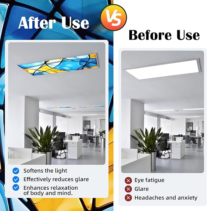 2 Pcs Fluorescent Light Covers - 4 x 2 Feet Covers for Ceiling Lights, Magnetic Light Filters for Classroom, Office, Hospitals, Home (Colorful Art)