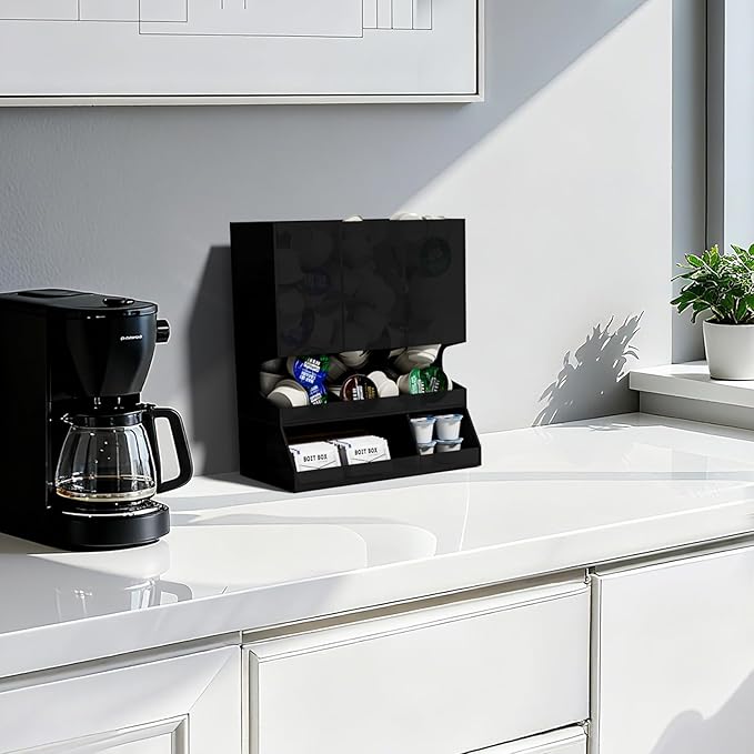 AITEE Modern Black Acrylic Coffee Pod Holder, 3-Compartment Dispenser Organizer for 30 K Cups, Sleek Smudge-Proof Design, Countertop Rack for Kitchen, Breakroom, Pantry, 8.9" L x 4.6" W x 10.2" H