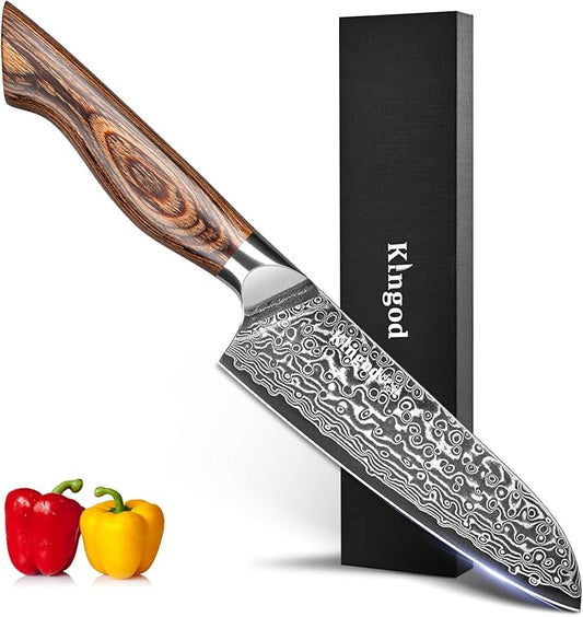 KINGOD Santoku 5 inch Chef Knife, Small Kitchen Knife, High Carbon Stainless Steel with VG10 Core, Ergonomic Wood Handle, Home or Restaurant