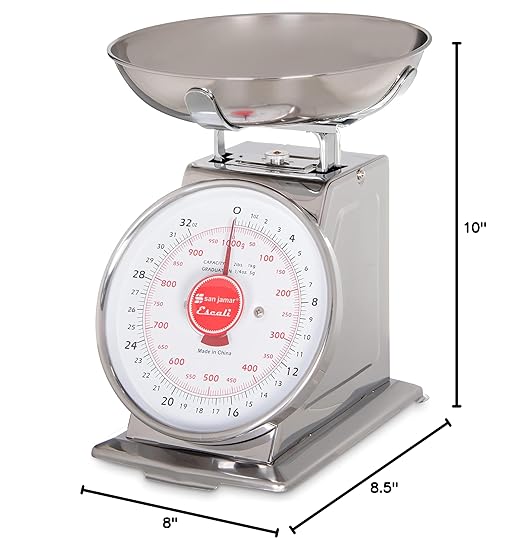San Jamar Escali Promzr Mechanical Dial Scale with Bowl for Kitchens and Restaurants, Metal, 2 Pounds, Silver