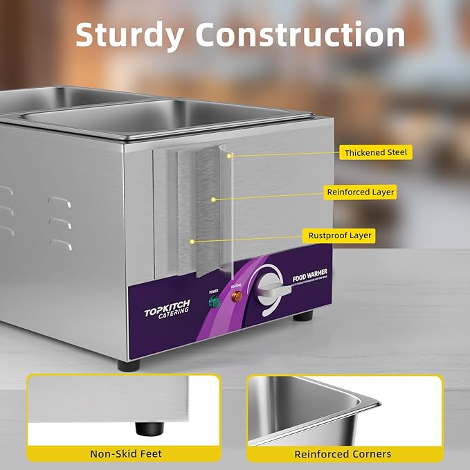 2-Pan Commercial Food Warmer with Non-Leakage Stretch-Forming Water Tank &2 of 1/2 Size GN Pan,18L Countertop Steam Table Soup Station Bain Marie for Buffet,Catering,Parties and Restaurants