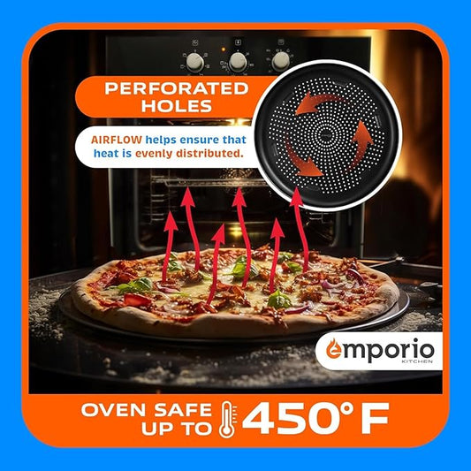 Non-Stick Pizza Pan 2 Pack – 16 Inch Round Carbon Steel Pizza Tray with Perforated Holes, PFOAPFOSPTFE-Free, Dishwasher & Oven Safe Up To 450°F, Durable Nonstick Gray Coating