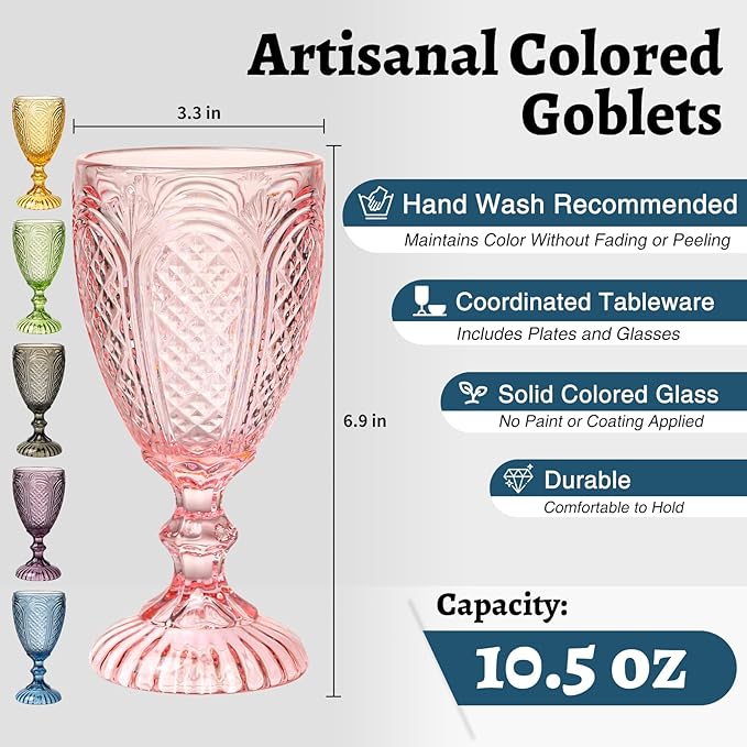 Colored Wine Glasses set of 6 glass goblets, vintage Colored glassware, drinking glasses for a baby shower, wedding, birthday ,or fancy glassware for everyday,Wedding，Engagement，Birthday Gifts