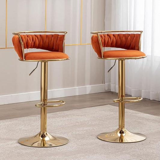 LukeAlon Velvet Adjustable Barstools Set of 2, Modern 360° Swivel Counter Stools with Golden Base Upholstered Open Back Tall Bar Chairs with Footrest for Home Kitchen, Orange