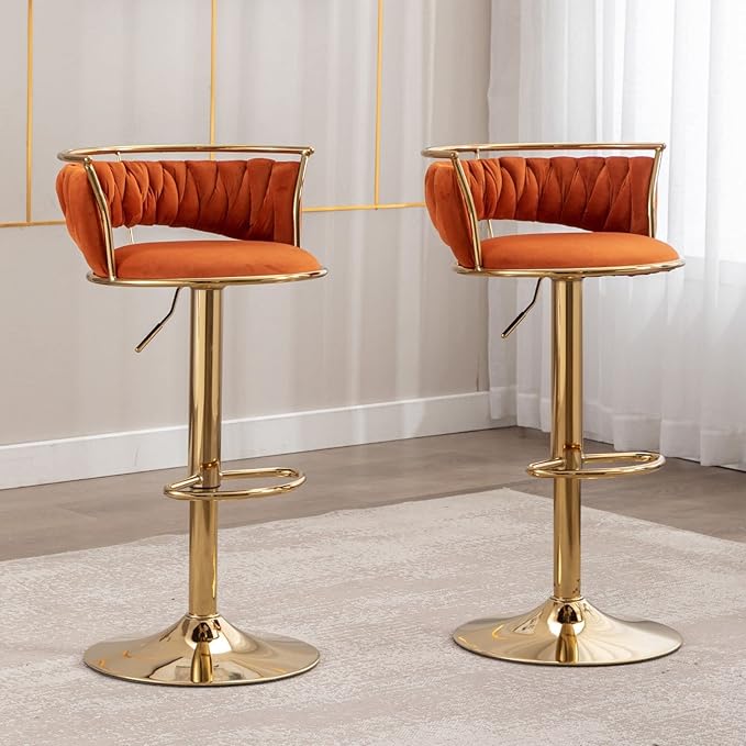 LukeAlon Velvet Adjustable Barstools Set of 4, Modern 360° Swivel Counter Stools with Golden Base Upholstered Open Back Tall Bar Chairs with Footrest for Home Kitchen, Orange