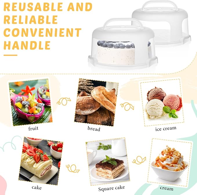 Baderke 2 Pcs Cake Carrier with Lid 10''/ 8'' Cake Holder Plastic Stand with Lid Handle Round Container Portable Carrier with Cover Boxes for Cupcake Pie Serving Transport(White)
