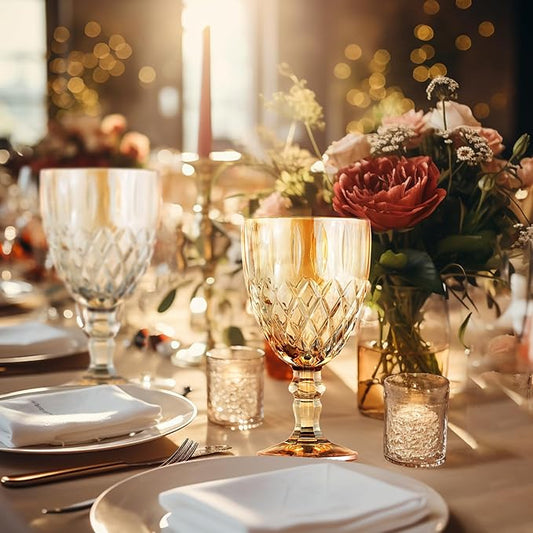 24 Pcs Vintage Wine Glasses, 11 Ounces Colored Glass Water Goblets, Colorful Unique Embossed Pattern High Clear Stemmed Glassware Wedding Party Bar Glass Drinking Cups Amber Fancy Glasses Set of 24