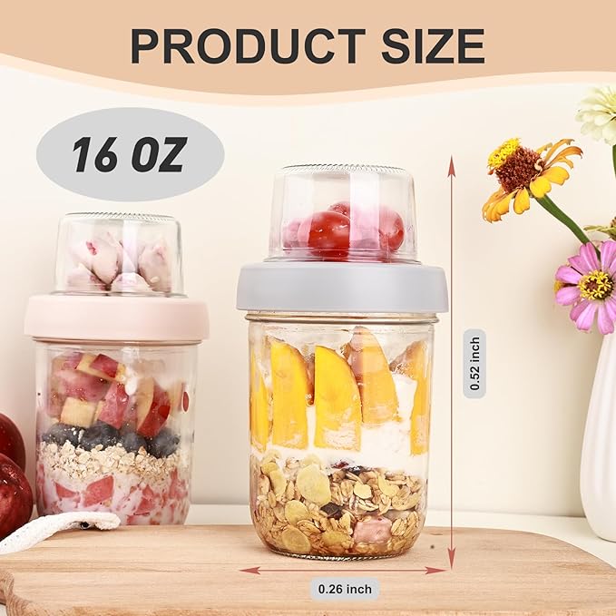 6 Pack Overnight Oats Containers with Lids, 16 OZ Dual Layer Yogurt Containers with Dry and Wet Separation, Airtight Leak Proof Oatmeal Jar for Chia Pudding, Breakfast, Cereal