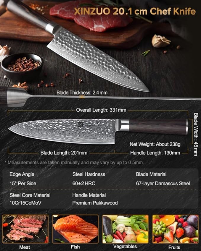 XINZUO 8 Inch Damascus Chef Knife,67 Layers Damascus Steel Kitchen Knife,Sharp Professional Japenese Chef Knife with Gift Box, Dark Brown Pakkawood Handle