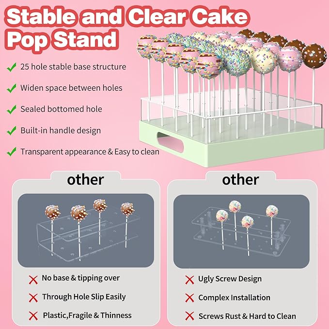 Cake Pop Stand,25 Holes Clear Cake Pops Display Holder,Cake Pop Sticks Kit, Candy Pop Holder,cake pop mold for Party,Wedding,Birthday(Green,1-Pack)