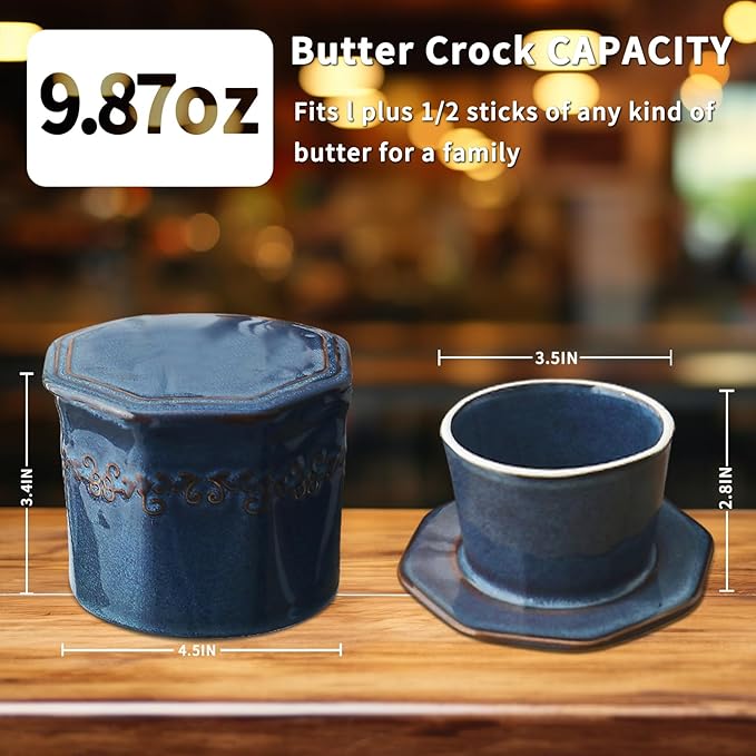 Butter Crock, French Butter Dish with Lid for Countertop,Ceramic French Butter Dish,Blue