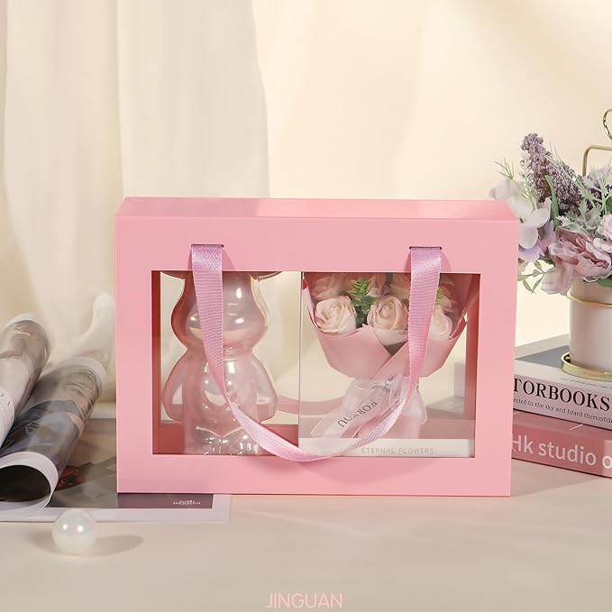 5 Pink Gift Boxes with Windows, Gift Boxes with Lids and Handles, Clear Magnetic Gift Boxes for Presents, Bridesmaid Proposal Boxes (10.5x7.5x3 Inches