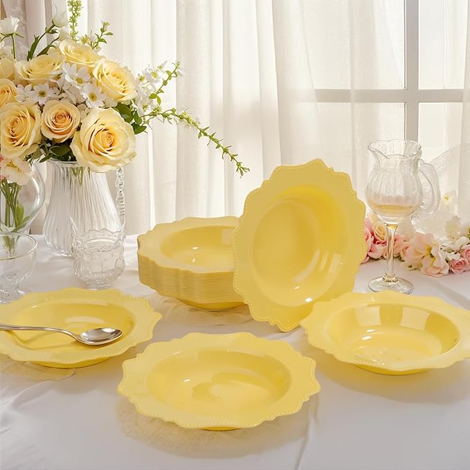 COLOSUS Yellow Plastic Party Bowls (60 Pack) 12 Oz Disposable Soup/Salad Bowl, Fancy Shatterproof Dinnerware for Easter, Catering, Holidays, Weddings, and Everyday Use