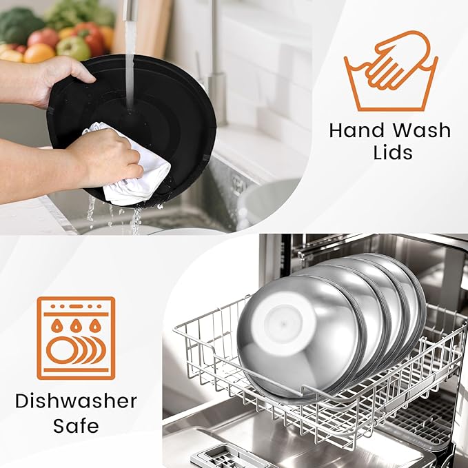 BEWOS Mixing Bowls with Airtight Lids Set - 5 Pcs Stainless Steel Mixing Bowls With 3 Grater Attachments, Size 4.5, 4, 3.5, 2.1, 1.5QT Metal Bowls for Baking and Serving (Black)