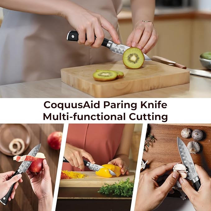 Paring Knife 3.75 Inch Fruit Knives, Small Kitchen Knife, Ultra Sharp German Stainless Steel Vegetable Knives, Damascus Pattern, Full Tang Handle Design, Elegant Black Ideal for Gift