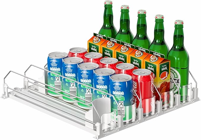 Upgraded Drink Organizer for Fridge, Space-Saving Fridge Drink Organizer, Automatic Pusher Glide and Adjustable Width Drink Dispenser for Fridge - Holds Up to 25 Cans (5 Rows White)