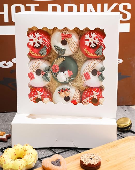 qiqee Auto-pop up White Pie Boxes with Window 10x10x2.5 inch 30Packs Cookie Donut Bakery Box