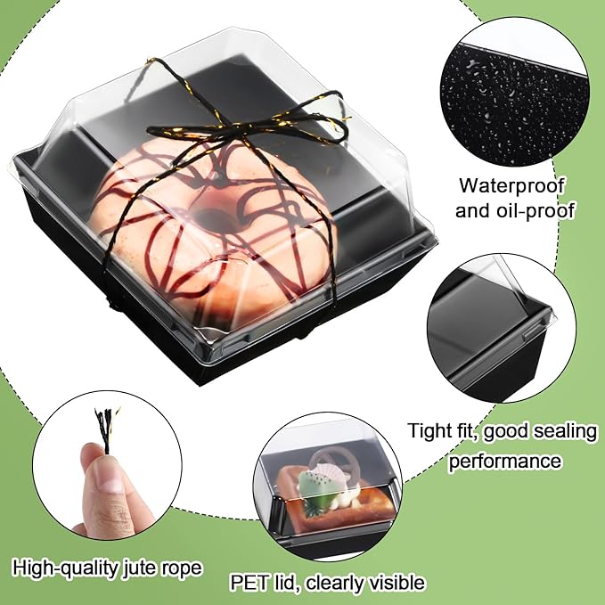 Ctosree 100 Pcs Paper Charcuterie Boxes with Clear Lids 4.5 Inches Disposable Cake Square Dessert Container Bakery Boxes Bundle with Rope for Food Cake Slice Cookie Sandwich Dessert(Black)