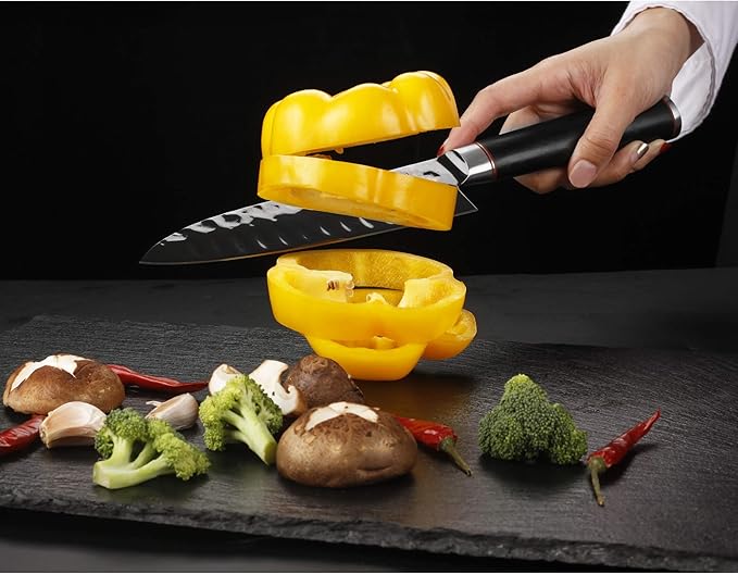 YOUSUNLONG Santoku Knife - 7 Inch Kitchen Knife Chef Knife -Japanese AUS8 Black Titanium Nitride Coated Steel - Natural Leadwood Handle
