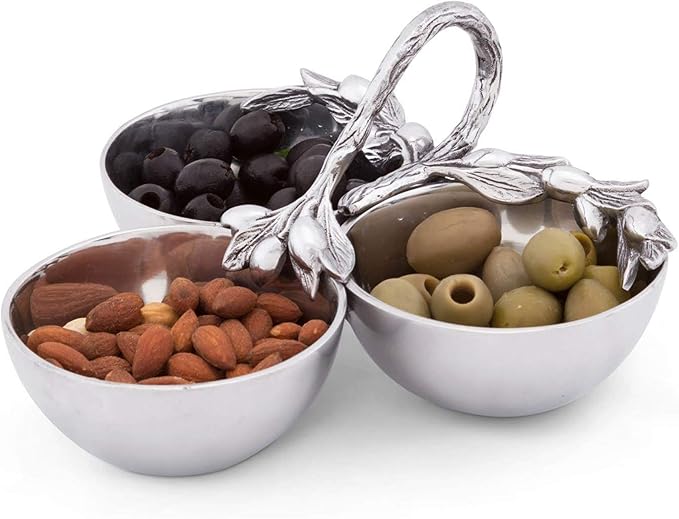 Arthur Court Sand-Cast Aluminum 3 Compartment Olive Pattern Condiment Serving Bowl 9 inch Diameter 4 inch Tall