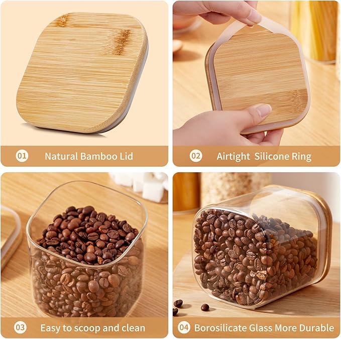 Square Glass Food Storage Jars with Lids[Set of 5], Perfect for Pasta, Cookies, Nuts, Coffee, Cereal, Flour,Organize Your Kitchen and Pantry with these BPA-Free Glass Jars with Canisters