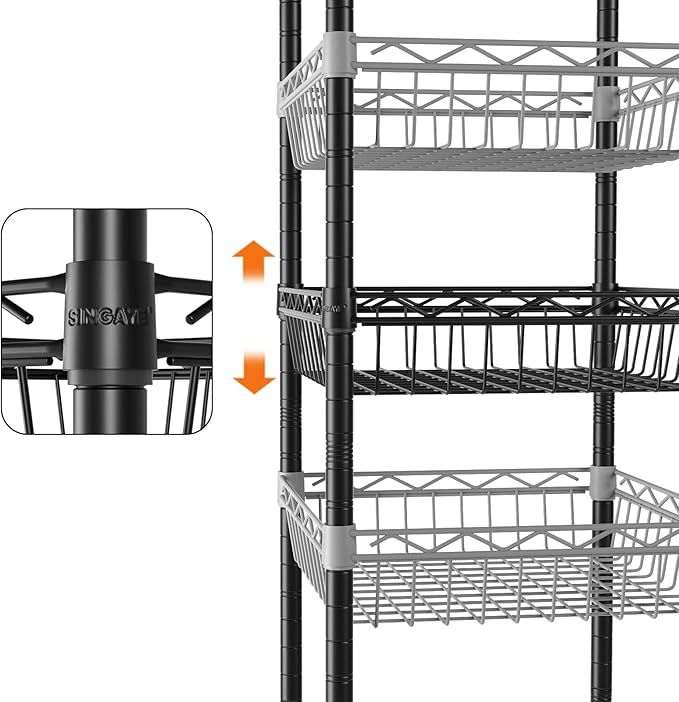SINGAYE 6 Tier Shelf Wire Rack Shelving with Wheels Metal Storage Shelves Adjustable Closet Bathroom Organizers Baskets Pantry Kitchen Garage Laundry Room 13.5" D x 13.5" W x 63" H Black