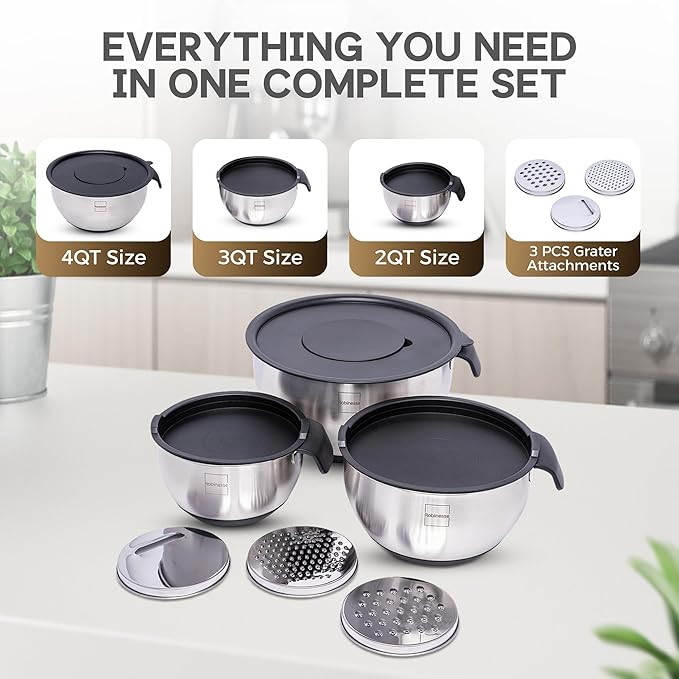 Stainless Steel Mixing Bowls Set of 3, Large Nesting Bowls with Airtight Lids for Food Prep, Cooking, Baking, Salad, and Outdoor Dining (Black, 3 Pcs)