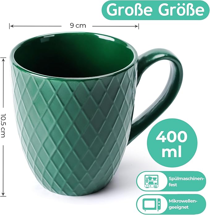 MIAMIO - Coffee Mugs set of 6 / Coffee Cups - 6 x 14 Oz Ceramic Mugs - Large Coffee Mugs - Microwave & Dishwasher safe - Palmanova Collection (Green)
