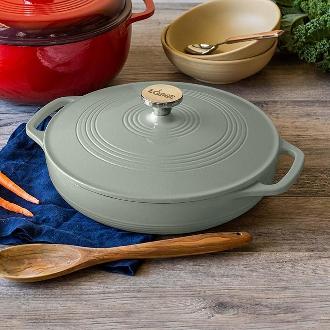 Lodge 3.6 Quart Enameled Cast Iron Covered Casserole with Lid – Dual Handles – Oven Safe up to 500° F or on Stovetop - Use to Marinate, Cook, Bake, Refrigerate and Serve – Desert Sage