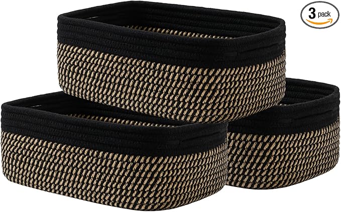 Small Woven Basket, 12 x 8 x 4.5 Inches, Storage Basket for Organizing, Cute Small Rope Shelf Closet Cube Storage Bins Baskets for Shelves, Dog Toy Gift Baskets Empty, 3 Pack Black & Brown