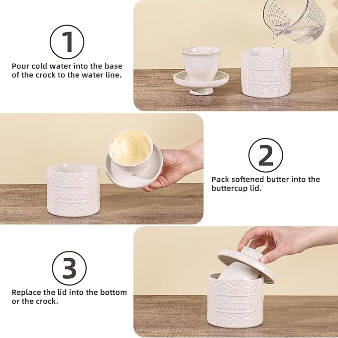 Butter Crock with Water Line, Ceramic Butter Keeper for Counter, French Butter Dish with Lid for Spreadable Fresh Butter (Vintage White)