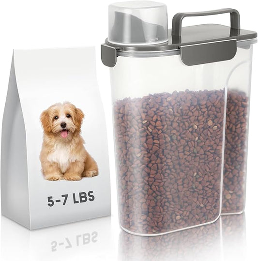 5-7Lbs Cat Dog Pet Food Storage Container with Large Nozzle Design/4 Safety Buckles/Double-Layer Sealing Strips/Handle/Measuring Cup is Easy to Clean and Does BPA-free
