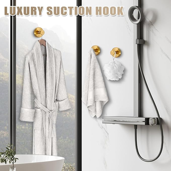 Suction Cup Hooks for Shower No-Drill Bathroom Hooks for Towels, Robes, Loofah Mountable on Bathroom Walls, Kitchen, Glass, Mirrors, Tile and Smooth,Non-Porous Surfaces (2 Pack, Brushed Gold)