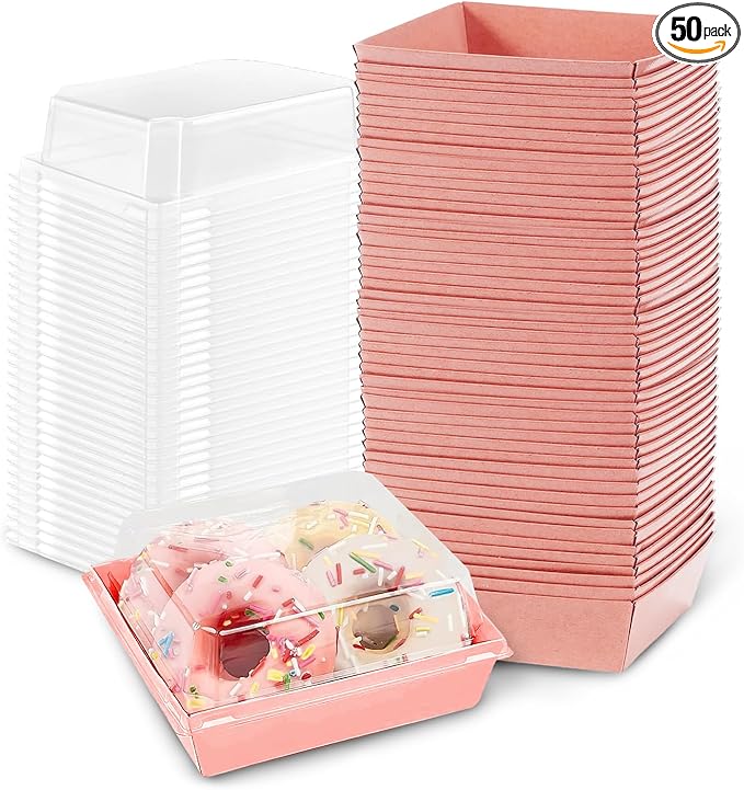 50 Pack Charcuterie Boxes with Clear Lids, 4 Inches Pink Small Square To Go Paper Bakery Dessert Treat Box, Disposable Mini Food Container for Sandwich Cookie Brownie Slice Cake Strawberry Snack