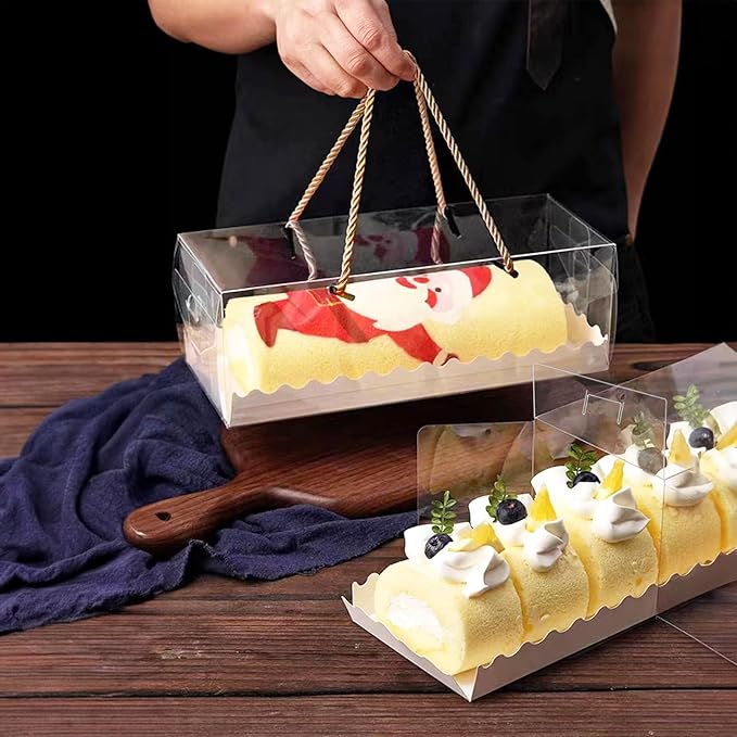 20 Pcs 10.8 Inch Clear Roll Cake Boxes with Gold Rope Handle & Cake Boards, Homemade & Bakery Transparent Plastic Gift Boxes，Easy Carrying, Storage Containers for Slice Cake, Christmas