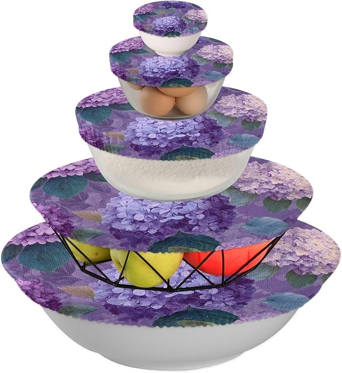 5 Pcs Bowl Covers Reusable in 5 Size Elastic Food Cover Cloth Lids Fresh Keeping Dish Cookware Bakeware Fabric Covers Lids for Food Leftovers Fruits Storage Purple Cute Hydrangeas