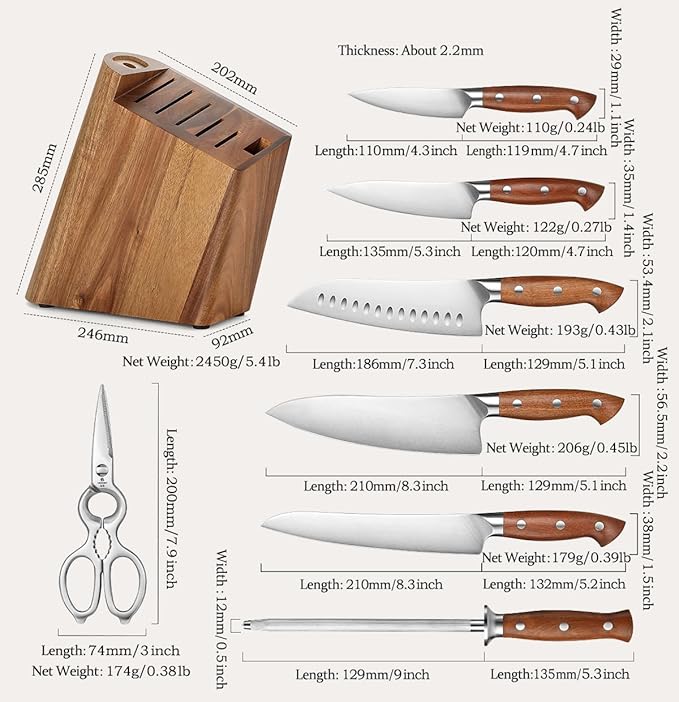 HEZHEN 8-Piece Chef Knife Set with Block and Sharpener, Razor-Sharp, German DIN 1.4116 Steel, Includes Chef, Santoku,Slicing, Utility, Paring Knives and Kitchen Shears