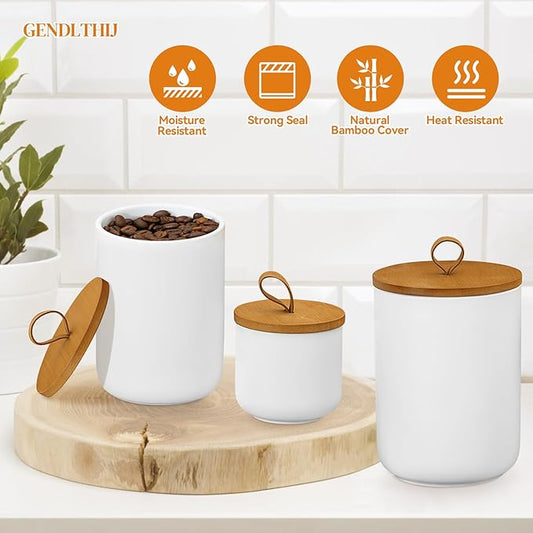 Canister Sets for Kitchen,Ceramic Kitchen Canisters for Countertop with Airtight Wood Lids for Serving Ground Coffee, Tea, Spice, Grains, Sugar, Salt (White Pack of 3 (8.7/27/44 Oz))