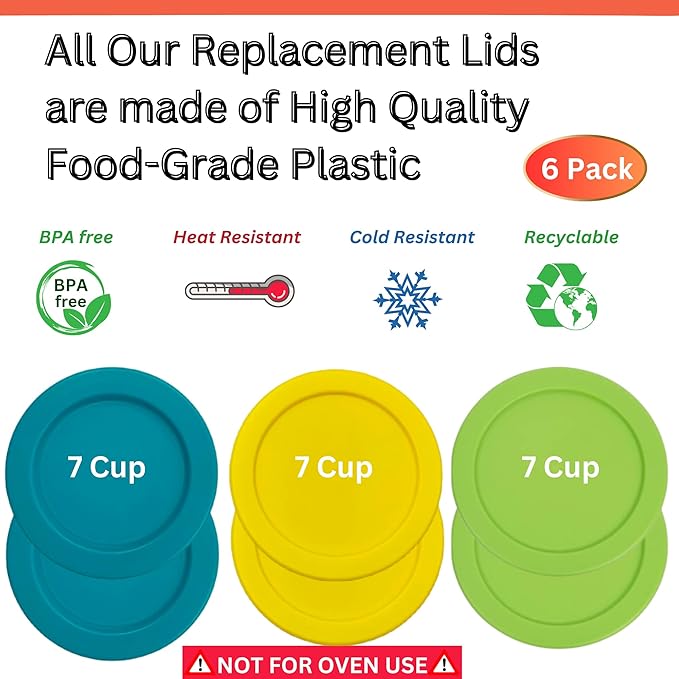 7 Cup/1.65 L Turquoise Yellow Spring Green Replacement Lids/Covers for Pyrex 7202-PC, 56oz Anchor Hocking & KlareWare Storage Bowls *Lids Only Glass Container Not Included* (4 Pack, Turq/Y/Spring Grn)