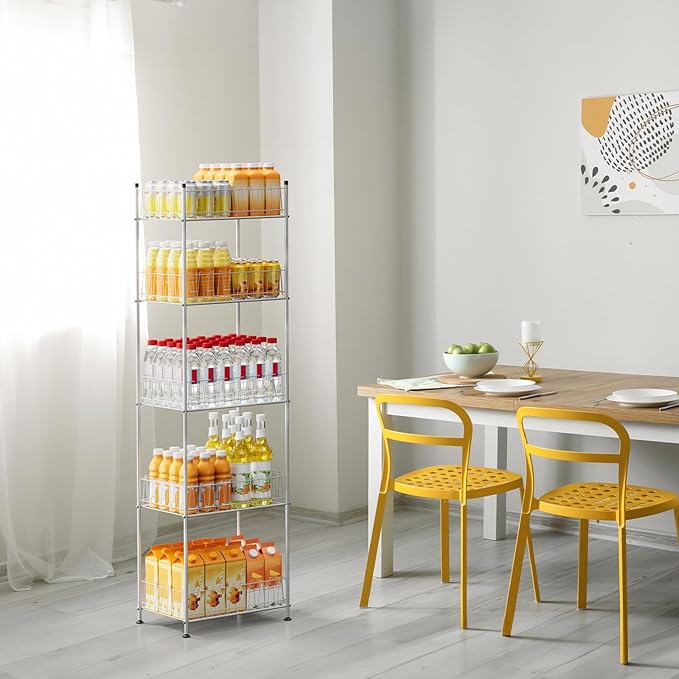 Water Bottle Storage Organizer 5 Tier Metal Water Bottle Holder Shelf Drink Beverage Soda Can Organizer Rack Bottled Water Stand for Floor Classroom Kitchen Food Storage, Silver