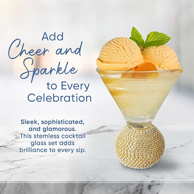 GEMELLO Gemezzi Stemless Martini Glasses Set of 2, Gold Stemless Cocktail Glass, Crystal Ball Base in Elegant Box, Perfect Bar Accessories for Margarita, Manhattan, Cosmos, Mixed Drinks, and Desserts